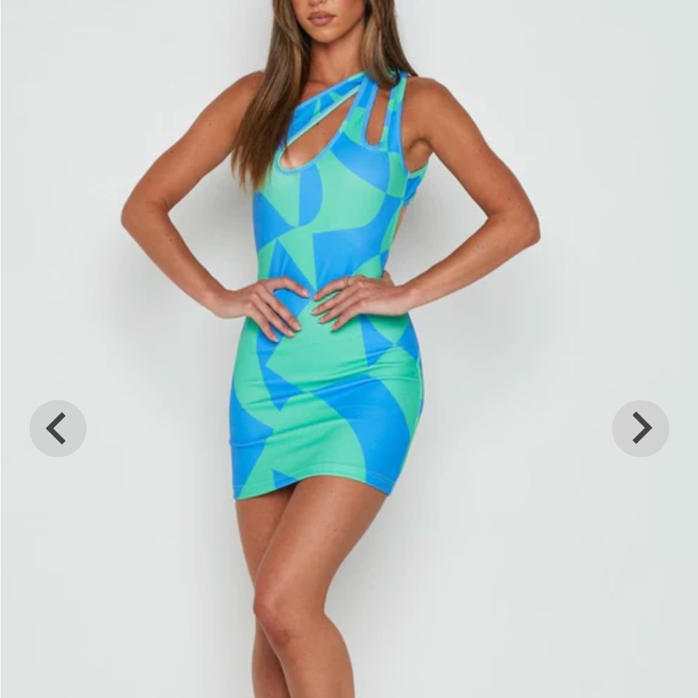 Beginning Boutique Blue & Green Abstract Cutout Bodycon Mini Dress
